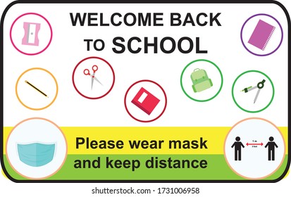 Welcome Back To School, Keep Your Distance And Wear A Mask, Vector Illustration Signs For The Post Covid-19 Coronavirus Pandemic, Covid19 Safe Economic And Environmental Education Concepts