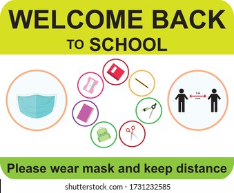 Welcome back to school, keep your distance, yellow round Vector illustration sign for post covid-19 Coronavirus pandemic, covid19 safe economy and environment education concept