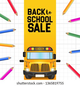 welcome back to school with kids school bus yellow from front view with pencil color. poster, banner, flyer, brochure. vector illustration