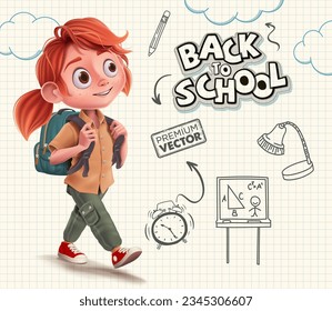 Willkommen zurück zur Schule Kinder gehen, glückliche Schulmädchen, Rucksack, Wanderung, Kalarsaal, Skizze, Kalem, Salat, Yazı tahtası