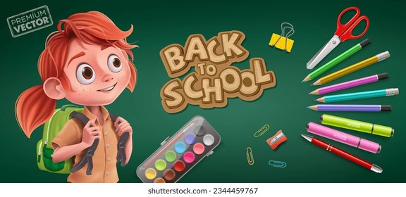 Welcome Back to School Kids schoolgirl with Backpack and Notepad, Pen, Colors, Ruler, Scissors, Magnifier, Eraser, Paper Clip, Pencil Sharpener, Watercolor, Brush Supplies Vector