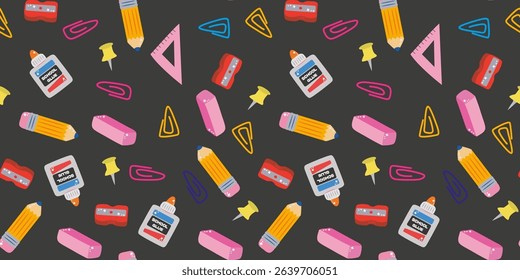 Welcome back to school. School kids stationery vector seamless pattern. Education supplies background for print, kids textile, notebooks. Pencil, glue, paper clips, pencil sharpener