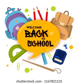 Welcome back to school label, badge. School Background. Sale tag. Vector illustration. Typography emblem. Back to school badge. Cool, modern trendy logo with school things. Vector image
