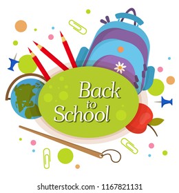 Welcome back to school label, badge. School Background. Sale tag. Vector illustration. Typography emblem. Back to school badge. Cool, modern trendy logo with school things. Vector image