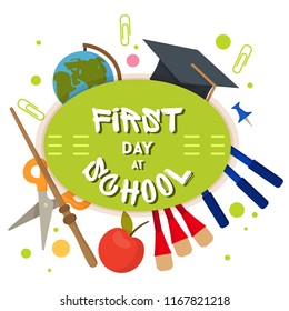 Welcome back to school label, badge. School Background. Sale tag. Vector illustration. Typography emblem. Back to school badge. Cool, modern trendy logo with school things. Vector image