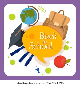 Welcome back to school label, badge. School Background. Sale tag. Vector illustration. Typography emblem. Back to school badge. Cool, modern trendy logo with school things. Vector image