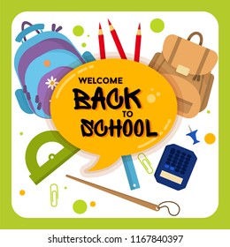 Welcome back to school label, badge. School Background. Sale tag. Vector illustration. Typography emblem. Back to school badge. Cool, modern trendy logo with school things. Vector image