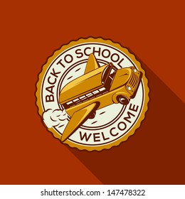 Welcome Back to school label with school bus, vector illustration.