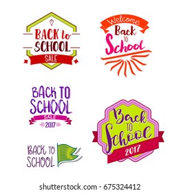Welcome back to school label collection. School 2017 tags set. Back to school logo collection. Vector illustration. Hand drawn lettering badges. Typography emblem set. Retro styled
