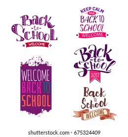 Welcome back to school labels. School 2017 tags set. Back to school logo collection. Vector illustration. Hand drawn lettering badges. Typography emblem set. Retro styled