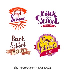 Welcome back to school labels. School tags set. Back to school logo collection. Vector illustration. Hand drawn lettering badges. Typography emblem set. Retro styled