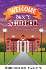 Welcome back to school. Landscape in the schoolyard with the school building, road, lamps and school bus vector illustration flat