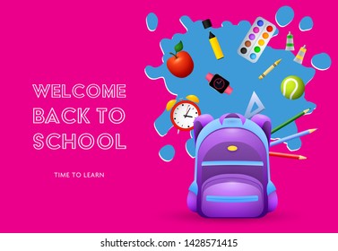 Welcome back to school lettering with backpack. Offer or sale advertising design. Typed text, calligraphy. For leaflets, brochures, invitations, posters or banners.
