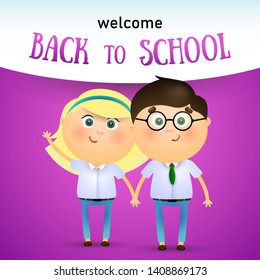 Welcome back to school lettering with boy and girl holding hands. Offer or sale advertising design. Typed text, calligraphy. For leaflets, brochures, invitations, posters or banners.