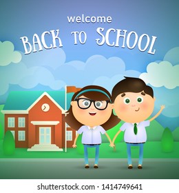 Welcome back to school lettering, boy and girl. Offer or sale advertising design. Typed text, calligraphy. For leaflets, brochures, invitations, posters or banners.