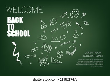 Welcome back to school lettering and chalk stroke. Offer or sale advertising design. Typed text, calligraphy. For leaflets, brochures, invitations, posters or banners.