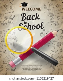 Welcome, back to school lettering with crossed pencil and loupe. Offer or sale advertising design. Handwritten and typed text, calligraphy. For leaflets, brochures, invitations, posters or banners.