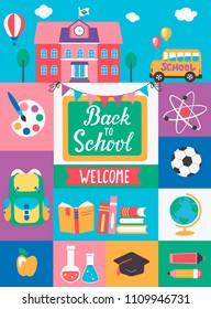 Welcome Back To School With lettering and different Flat Icons. Education Concept. Perfect for banners, flyers, posters, cards. Vector Illustration.