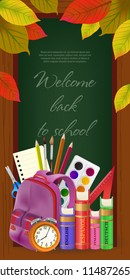 Welcome back to school lettering in frame, with leaves and supplies. Offer or sale advertising design. Handwritten text, calligraphy. For leaflets, brochures, invitations, posters or banners.