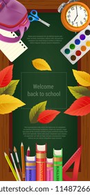 Welcome back to school lettering in frame, books, alarm clock and supplies. Offer or sale advertising design. Typed text, calligraphy. For leaflets, brochures, invitations, posters or banners.