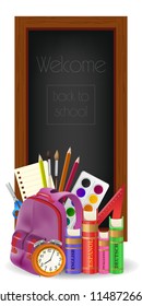 Welcome back to school lettering in frame, alarm clock and supplies. Offer or sale advertising design. Typed text, calligraphy. For leaflets, brochures, invitations, posters or banners.