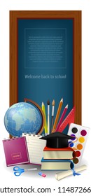Welcome back to school lettering in frame and supplies. Offer or sale advertising design. Typed text, calligraphy. For leaflets, brochures, invitations, posters or banners.