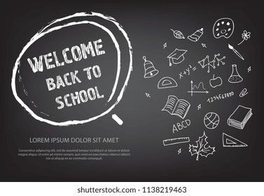 Welcome back to school lettering in hand drawn chalk circle with doodle drawings. Offer or sale advertising design. Typed text, calligraphy. For leaflets, brochures, invitations, posters or banners.