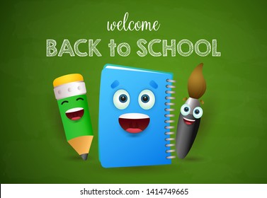 Welcome back to school lettering, happy brush, notebook and pencil. Offer or sale advertising design. Handwritten and typed text, calligraphy. For leaflets, brochures, invitations, posters or banners.