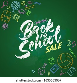Welcome back to school lettering on chalk board. Colored icons on the theme of education. Vector illustration.