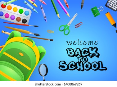 Welcome back to school lettering, paint brushes, scissors and backpack. Offer or sale advertising design. Typed text, calligraphy. For leaflets, brochures, invitations, posters or banners.