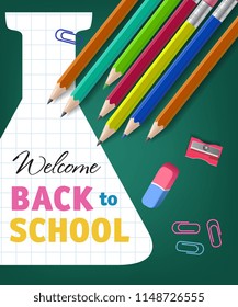 Welcome back to school lettering with pencils and retort silhouette. Offer or sale advertising design. Handwritten and typed text, calligraphy. For leaflets, brochures, invitations, posters or banners