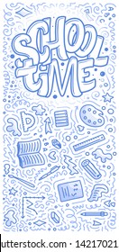 Welcome back to school lettering quote and doodle background. Template for sale tag. Hand drawn badge. Education concept Typography emblem. Vector illustration
