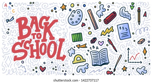 Welcome back to school lettering quote and doodle background. Template for sale tag. Hand drawn badge. Education concept Typography emblem. Vector illustration