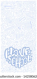Welcome back to school lettering quote and doodle background. Template for sale tag. Hand drawn badge. Education concept Typography emblem. Vector illustration
