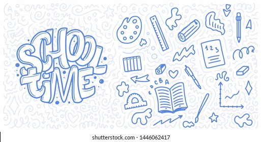 Welcome back to school lettering quote and doodle background. Template for sale tag. Hand drawn badge. Education concept Typography emblem. Vector illustration