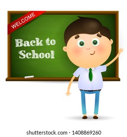 Welcome, back to school lettering with schoolboy at chalkboard. Offer or sale advertising design. Typed text, calligraphy. For leaflets, brochures, invitations, posters or banners.