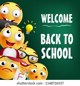 Welcome back to school lettering with smiling emojies. Offer or sale advertising design. Typed text, calligraphy. For leaflets, brochures, invitations, posters or banners.