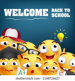 Welcome back to school lettering and smiling emojies. Offer or sale advertising design. Typed text, calligraphy. For leaflets, brochures, invitations, posters or banners.