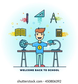 Welcome Back to School Line Style Flat Vector Illustration. Stationary Icons. Boy Standing at the Desk with Lamp and Globe. Isolated.
