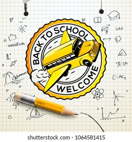 Welcome Back to school logo, checkered paper sheet texture, freehand drawing background, vector illustration.
