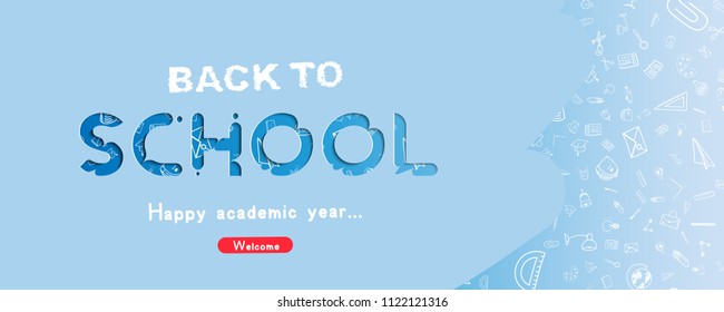 Welcome Back to school. Long Banner with set of doodle icons on blue background. Concept for education. Vector illustration EPS10.