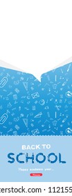 Welcome Back to school. Long vertical Banner with set of doodle icons on blue background. Concept for education. Vector illustration EPS10.