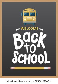 Bienvenido de vuelta al mensaje escolar con iconos vectoriales en pizarra gris