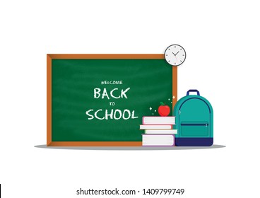 Welcome back to school message on greenboard with clock, backpack, pile of books and an apple on it isolated on white background- Vector illustration.