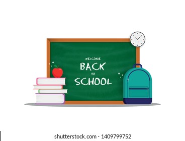Welcome back to school message on greenboard with clock, backpack, pile of books and an apple on it isolated on white background- Vector illustration.