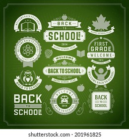 Welcome Back to school message on chalkboard vector background. Typographic elements. 
