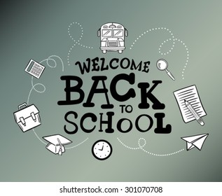 Welcome back to school message surrounded by icons vector against grey background