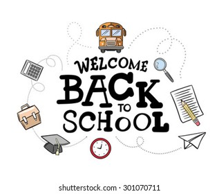 Welcome back to school message surrounded by icons vector against white background