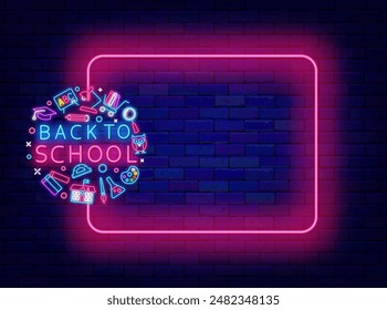 Welcome back to school neon flyer. September invitation. Shiny greeting card. Empty pink frame and circle layout with icons. Glowing banner. Editing text. Vector stock illustration