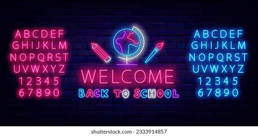 Welcome back to school neon label. Shiny pink and blue alphabet. Globe and stationery. Trip to for education. Shiny greeting card. Glowing banner. Editable stroke. Vector stock illustration